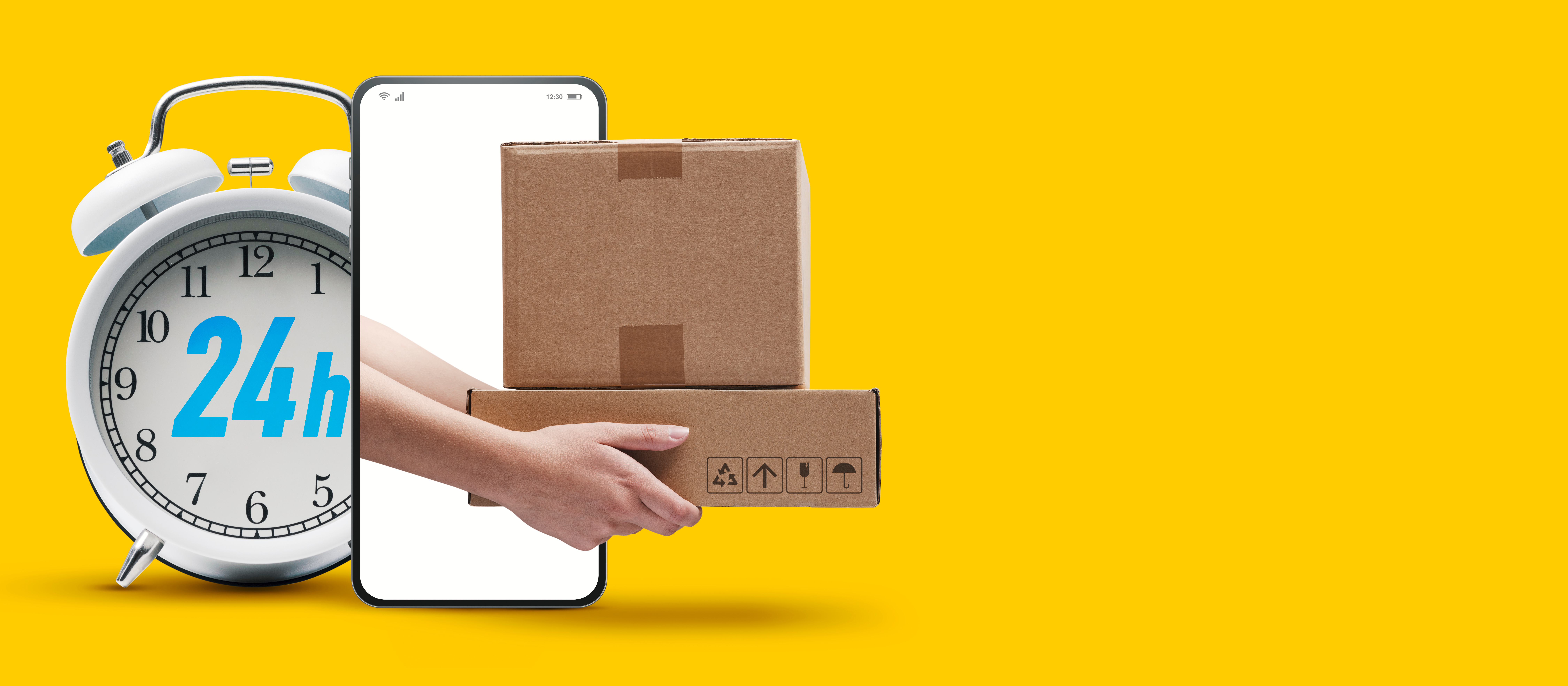 reloj indicando tiempo de 24 horas saliendo desde un celular junto a una caja